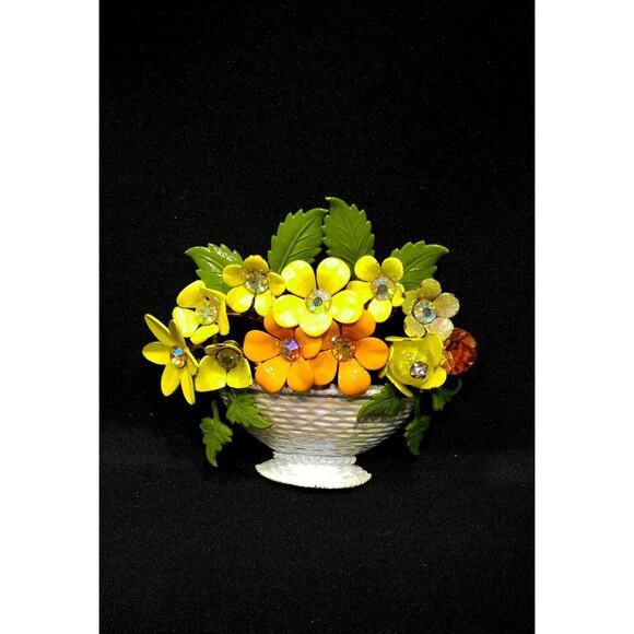 Vintage Enamel Flower Basket Brooch, Rhinestone Centers, 1960s, 2 1/2 Inches - Picture 2 of 10